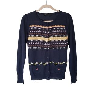 Cute Soft Girl Wool Cardigan With Embroidery Navy Blue Made In Japan